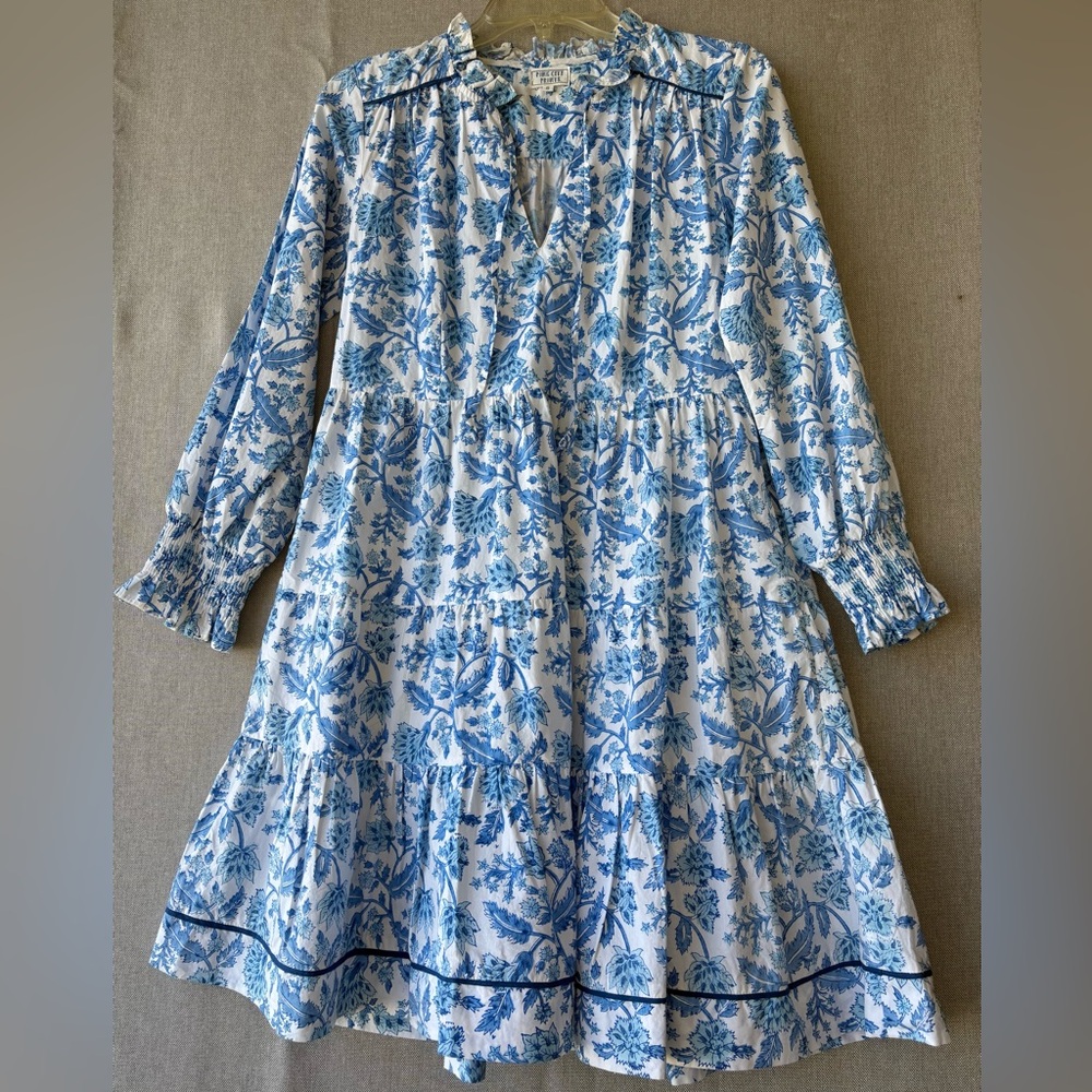 Pink city prints, size small blue, and White Floral Tiered Mini Dress